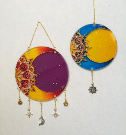 Stained glass suncatcher Moon Mandala decor Sacred geometry for garden for window Painting (blue+yellow)