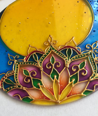 Stained glass suncatcher Moon Mandala decor Sacred geometry for garden for window Painting (blue+yellow)