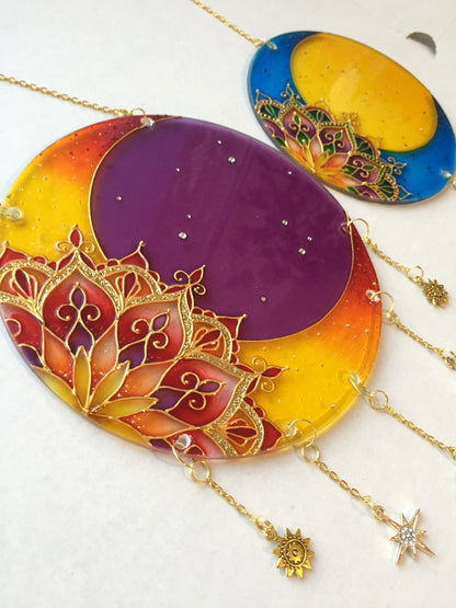Stained glass suncatcher Moon Mandala decor Sacred geometry for garden for window Painting (blue+yellow)