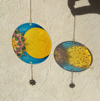Stained glass suncatcher Moon Mandala decor Sacred geometry for garden for window Painting (blue+yellow)