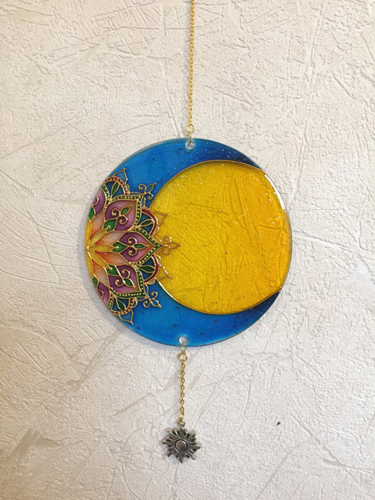 Stained glass suncatcher Moon Mandala decor Sacred geometry for garden for window Painting (blue+yellow)
