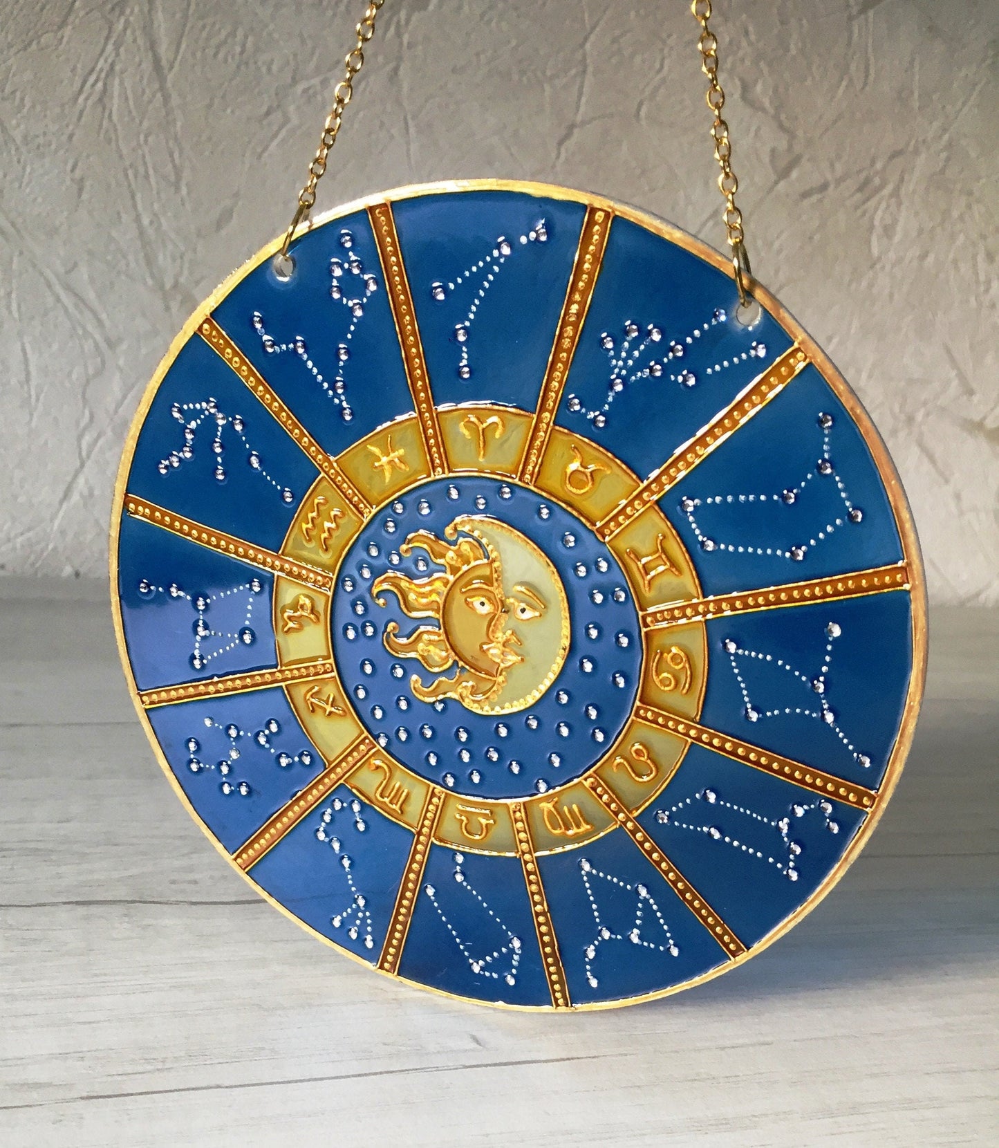 Suncatcher for Window Cobalt Blue Zodiac Sign Celestial Hanging Suncatcher Zodiac Gifts Sun Moon Stars Stained Glass Painting