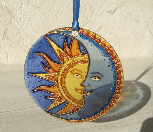 Blue cobalt Window Suncatcher Celestial Sun Moon decor Hanging Suncatcher Housewarming gift