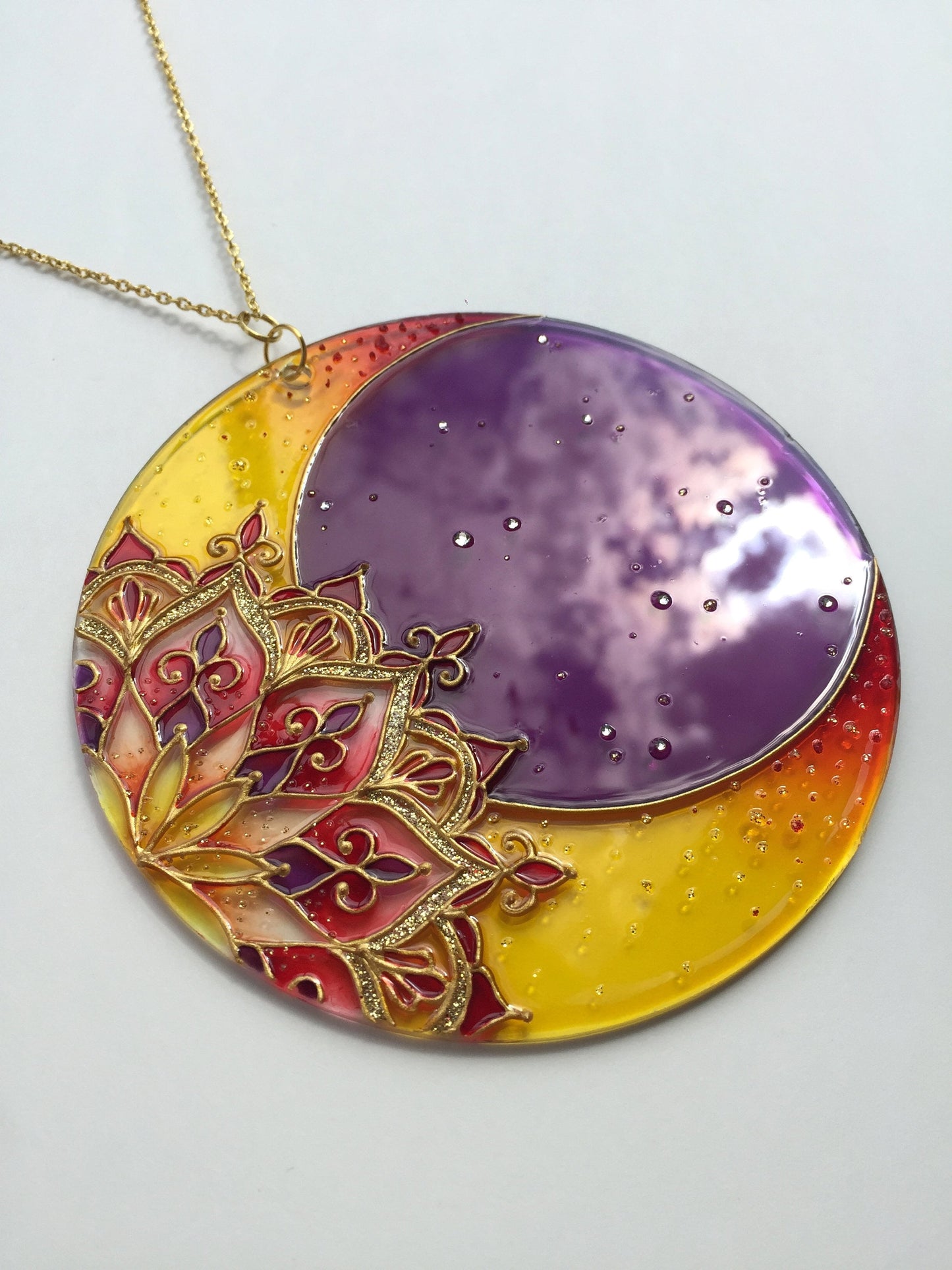 Indie room decor Moon Mandala Sacred geometry Stained glass painting (Violet+yellow)