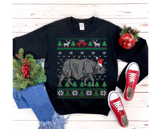 Rhino Themed Ugly Christmas Sweatshirt, Rhino Santa Hat Wrapped in Christmas Lights, Rhinoceros Shirt, Funny African Wildlife Lover Gift