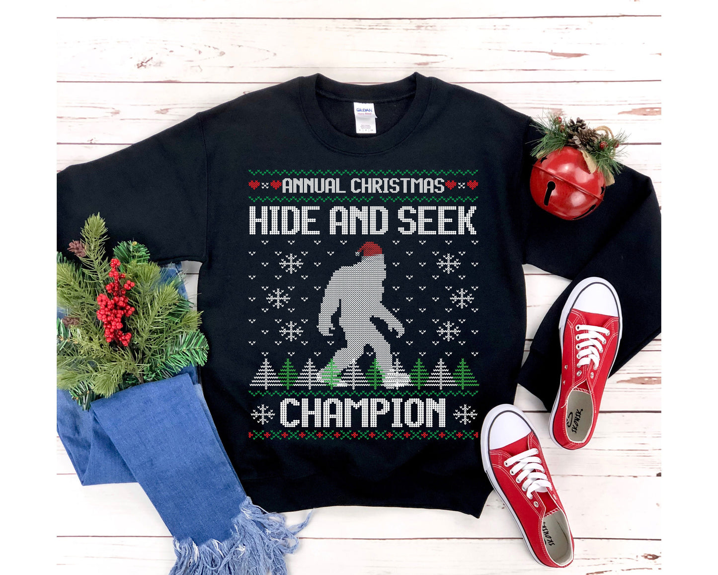 Funny Ugly Christmas For Man Santa Hat Sasquatch Shirt Bigfoot Hide And Seek Champion Xmas Gift Present Unisex Heavy