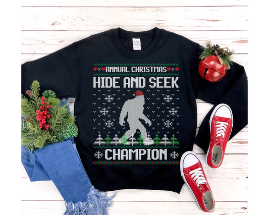 Funny Ugly Christmas For Man Santa Hat Sasquatch Shirt Bigfoot Hide And Seek Champion Xmas Gift Present Unisex Heavy