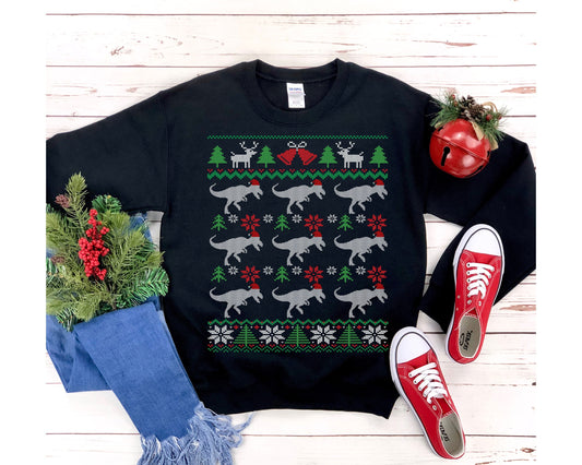 Rows of T-Rex Santa Hat Ugly Christmas Sweatshirt | Funny Dinosaur Xmas Design | Dino Lover Gift | Christmas Tyrannosaurus Rex Shirt