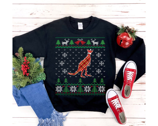 Plaid Kangaroo Santa Claus Ugly Christmas Sweatshirt, Australian Kangaroo Shirt, Australia Outback Wildlife Lover Gift Unisex Sweatshirt