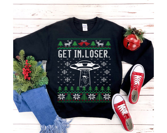 Ufo Funny Ugly Christmas For Alien Believer Paranormal Encounter Get In Loser Alien Abduction Design Shirt Xmas Et Gift