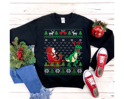 Dinosaur Pulling Santa's Sleigh | Funny T-rex Themed Ugly Christmas Sweatshirt | Tyrannosaurus Rex Gift | Dino Lover Shirt