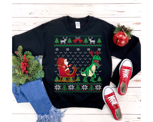 Dinosaur Pulling Santa's Sleigh | Funny T-rex Themed Ugly Christmas Sweatshirt | Tyrannosaurus Rex Gift | Dino Lover Shirt