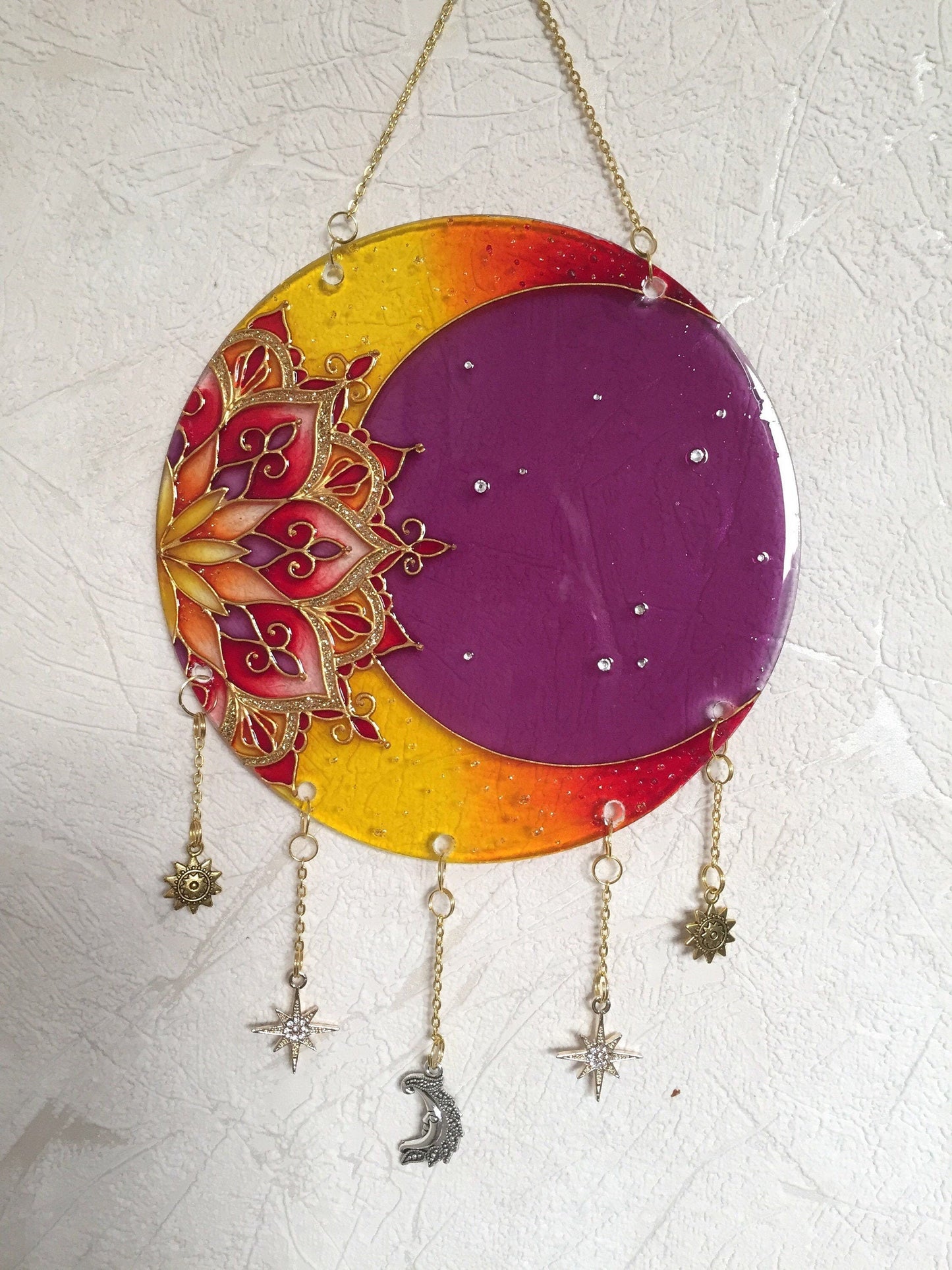 Indie room decor Moon Mandala Sacred geometry Stained glass painting (Violet+yellow)