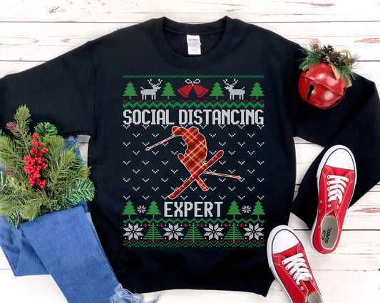 Social Distancing Expert Skiing Ugly Christmas Sweatshirt, Funny Ski Shirt, Skier Gift Ski Lover Unisex Sweatshirt