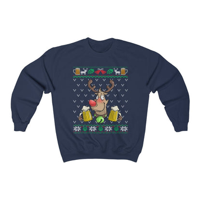 Beer Drinking Rudolph Ugly Christmas Sweatshirt, Funny Beer Lover Gift for Dad, Xmas Clothes, Beer Holiday Party Shirt Unisex Crewneck