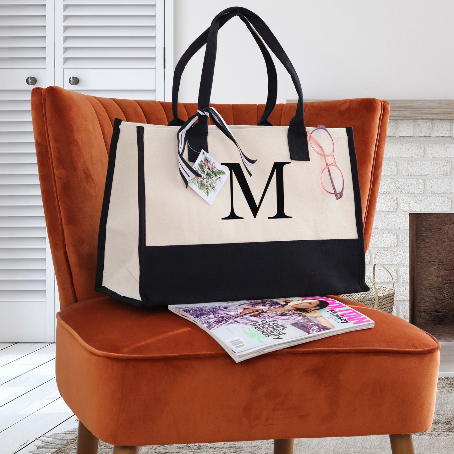 Personalized Monogram Embroidery Cotton Canvas Beach Tote Bag Initial Tote Bridesmaid Gift Tote Custom Beach Bag Gift for Her A-Z - Black