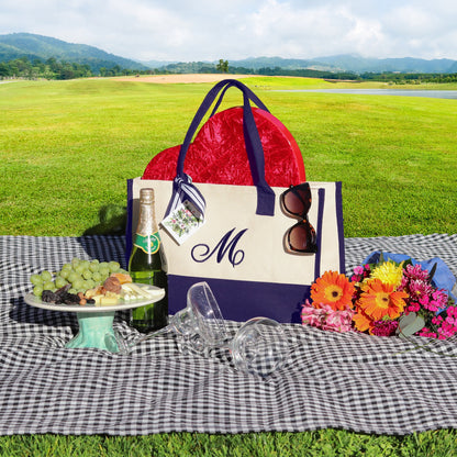 Personalized Monogram Embroidery Cotton Canvas Beach Tote Bag Initial Tote Bridesmaid Gift Tote Custom Beach Bag Gift for Her A-Z - Navy