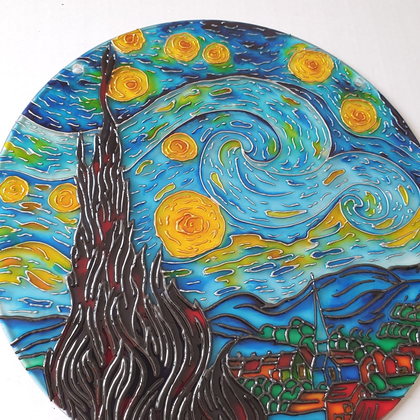 Van Gogh Starry Night Stained Glass Handcrafted Painting - Round Glass Wall Art - Window Hangings - Handmade Gift for art lover