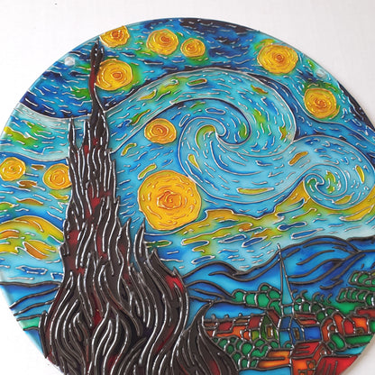 Van Gogh Starry Night Stained Glass Handcrafted Painting - Round Glass Wall Art - Window Hangings - Handmade Gift for art lover