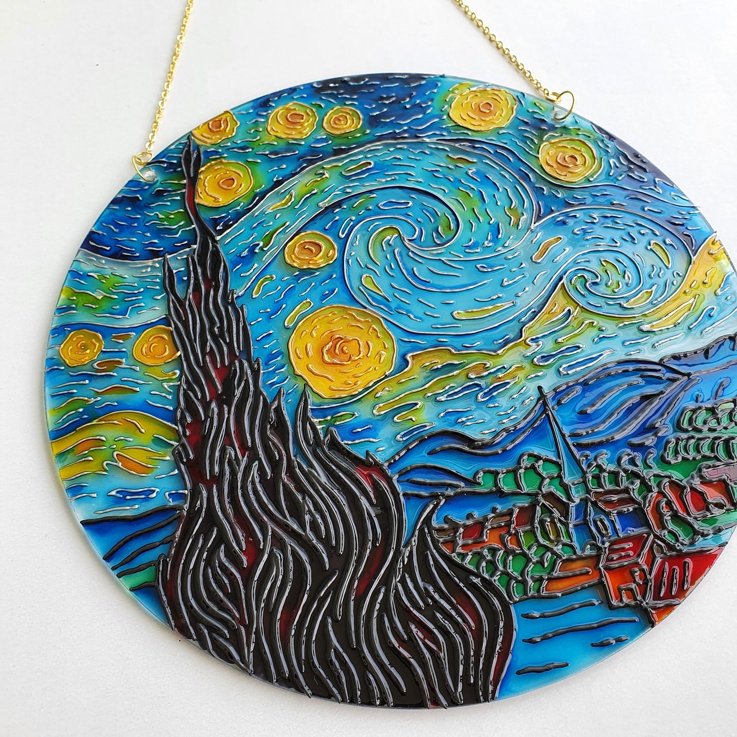 Van Gogh Starry Night Stained Glass Handcrafted Painting - Round Glass Wall Art - Window Hangings - Handmade Gift for art lover