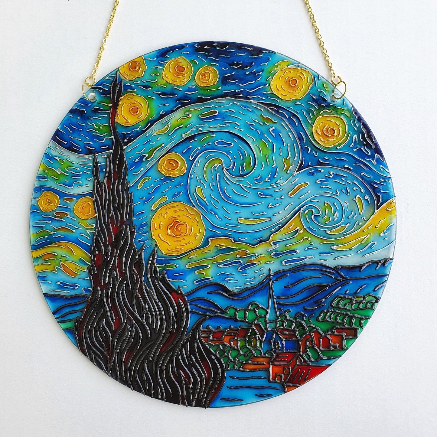 Van Gogh Starry Night Stained Glass Handcrafted Painting - Round Glass Wall Art - Window Hangings - Handmade Gift for art lover
