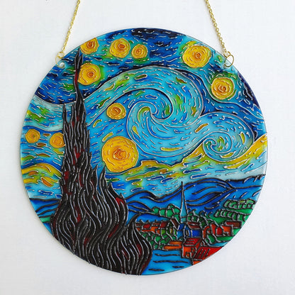 Van Gogh Starry Night Stained Glass Handcrafted Painting - Round Glass Wall Art - Window Hangings - Handmade Gift for art lover