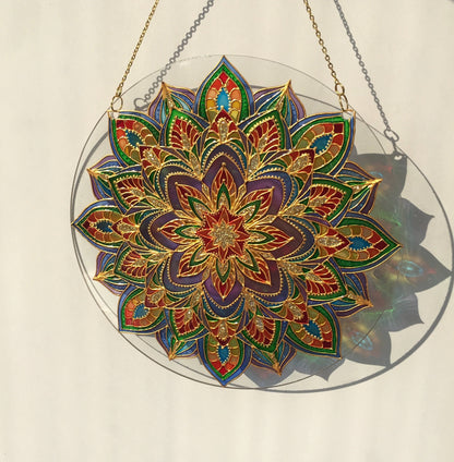 Sacred geometry wall art Mandala painting Stained Glass Decor Hanging Sun catcher for Window