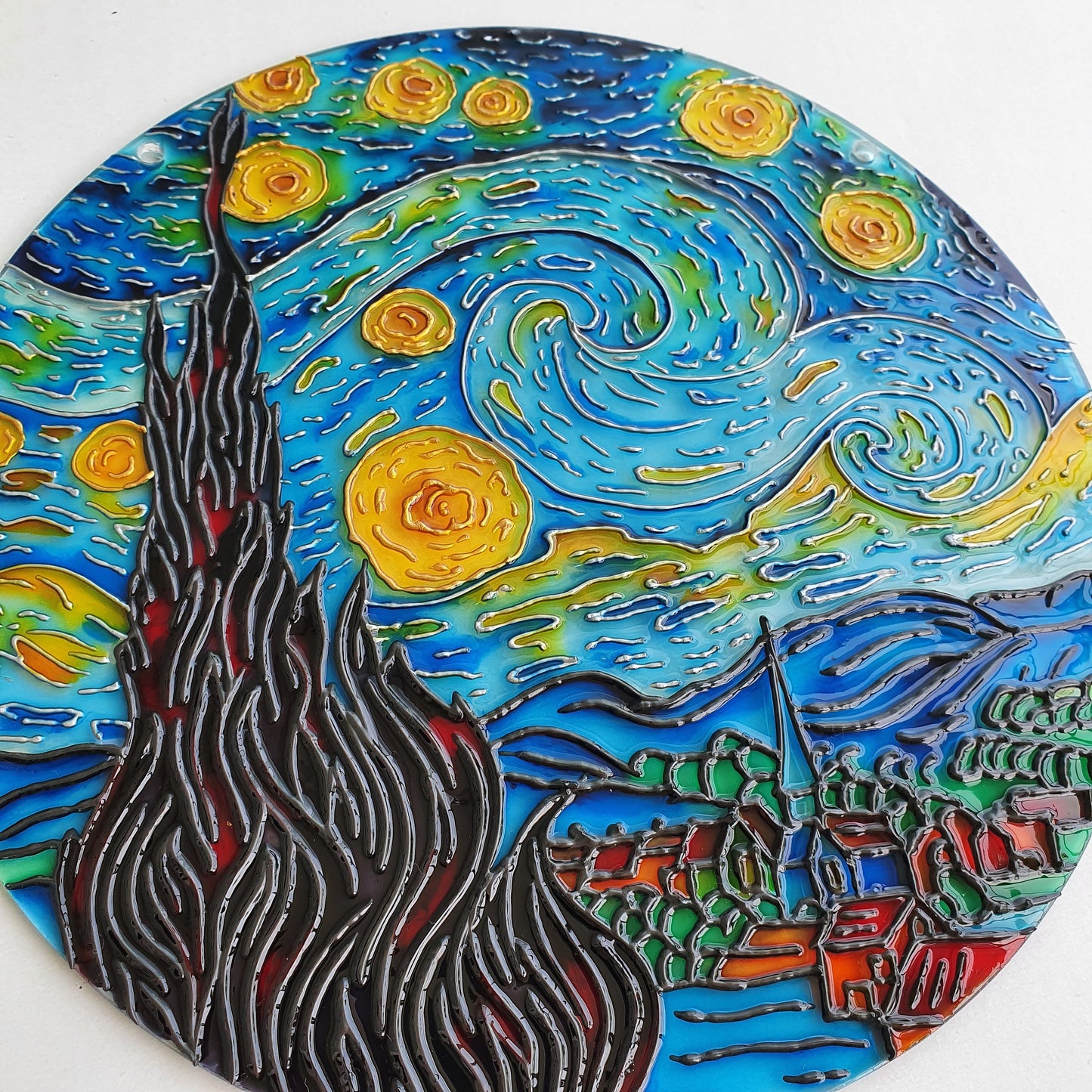 Van Gogh Starry Night Stained Glass Handcrafted Painting - Round Glass Wall Art - Window Hangings - Handmade Gift for art lover