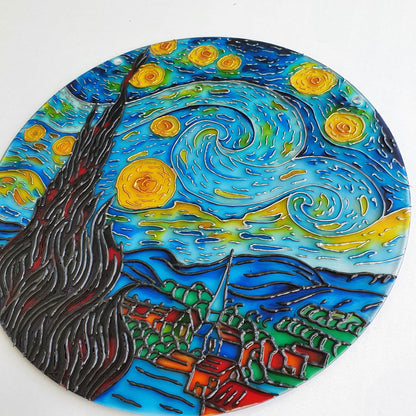 Van Gogh Starry Night Stained Glass Handcrafted Painting - Round Glass Wall Art - Window Hangings - Handmade Gift for art lover