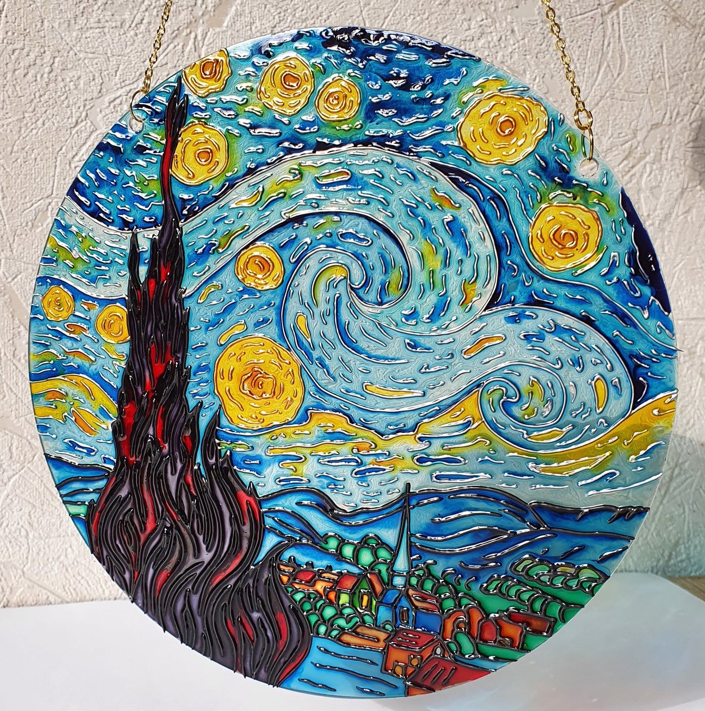 Van Gogh Starry Night Stained Glass Handcrafted Painting - Round Glass Wall Art - Window Hangings - Handmade Gift for art lover