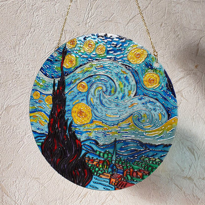 Van Gogh Starry Night Stained Glass Handcrafted Painting - Round Glass Wall Art - Window Hangings - Handmade Gift for art lover