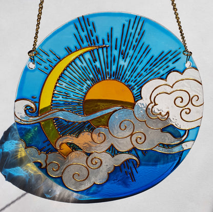 Stained glass Sun Moon Cloud Suncatcher for window hangings