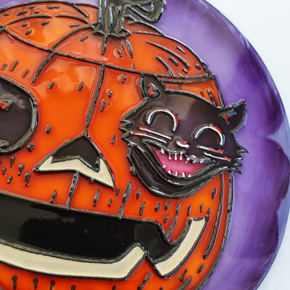 Halloween signs Pumpkin and cat decor Stained glass Suncatcher