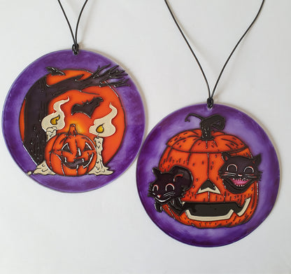 Halloween signs Pumpkin and cat decor Stained glass Suncatcher