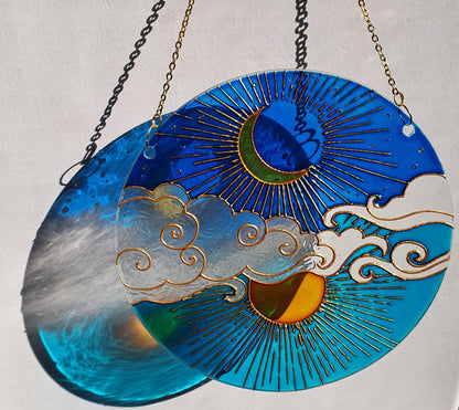 Stained glass Moon Sun Cloud Suncatcher for window