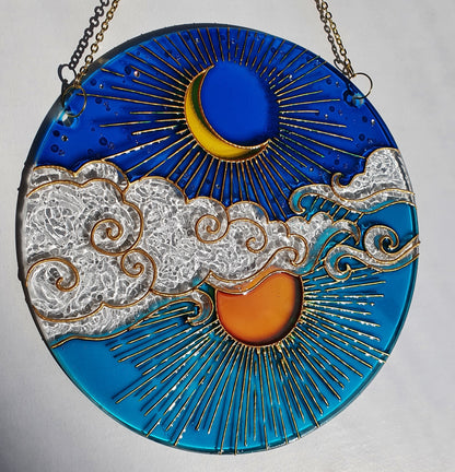 Stained glass Moon Sun Cloud Suncatcher for window
