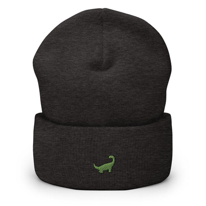 Green Brachiosaurus Dinosaur Embroidered Beanie, Handmade Cuffed Knit Unisex Slouchy Adult Winter Hat Cap Gift