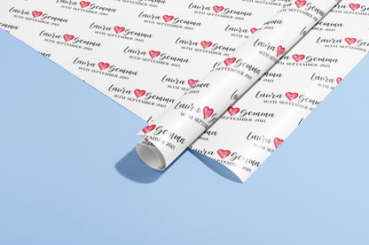 Personalised Gift Wrap, Names, Wrapping Paper, Valentines, Hearts, Customised, Wedding, Party, Engagement, Couples, Newly Weds, Anniversary
