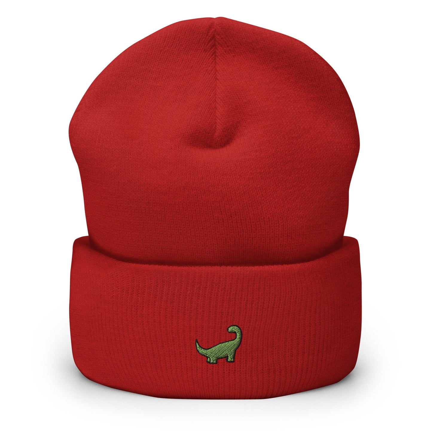 Green Brachiosaurus Dinosaur Embroidered Beanie, Handmade Cuffed Knit Unisex Slouchy Adult Winter Hat Cap Gift