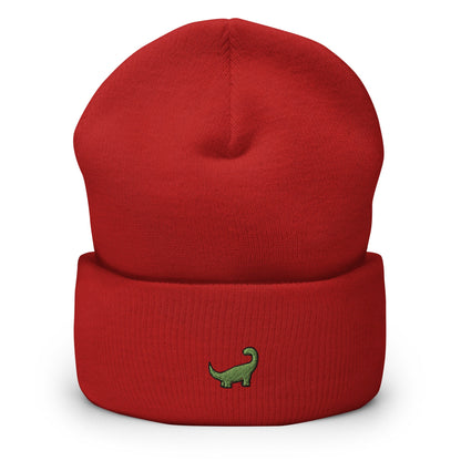 Green Brachiosaurus Dinosaur Embroidered Beanie, Handmade Cuffed Knit Unisex Slouchy Adult Winter Hat Cap Gift