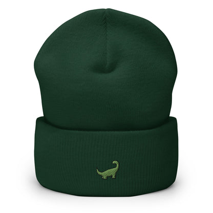 Green Brachiosaurus Dinosaur Embroidered Beanie, Handmade Cuffed Knit Unisex Slouchy Adult Winter Hat Cap Gift
