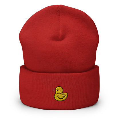 Rubber Ducky Embroidered Beanie, Handmade Cuffed Knit Unisex Slouchy Adult Winter Hat Cap Gift
