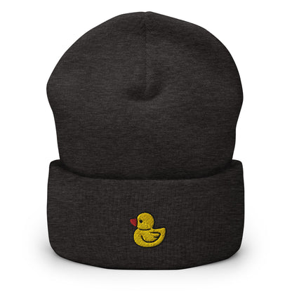 Rubber Ducky Embroidered Beanie, Handmade Cuffed Knit Unisex Slouchy Adult Winter Hat Cap Gift