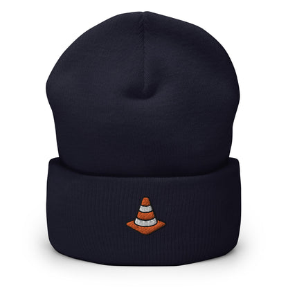 Traffic Safety Cone Embroidered Beanie, Handmade Cuffed Knit Unisex Slouchy Adult Winter Hat Cap Gift