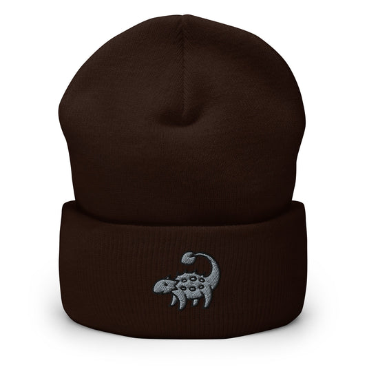Ankylosaurus Dinosaur Embroidered Beanie, Handmade Cuffed Knit Unisex Slouchy Adult Winter Hat Cap Gift