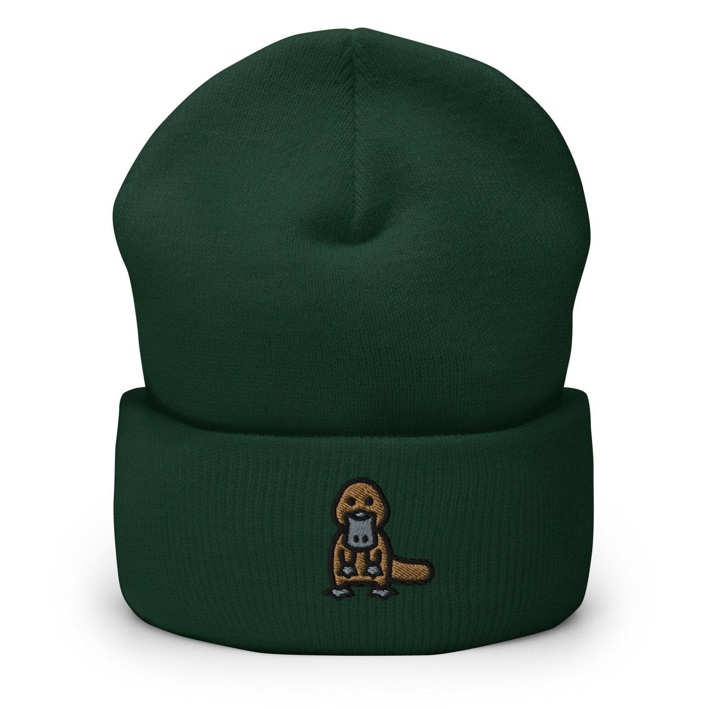 Duck-Billed Platypus Embroidered Beanie, Handmade Cuffed Knit Unisex Slouchy Adult Winter Hat Cap Gift