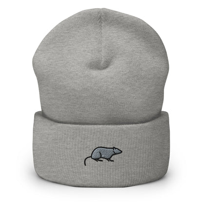 Opossum Rat Mouse Rodent Embroidered Beanie, Handmade Cuffed Knit Unisex Slouchy Adult Winter Hat Cap Gift