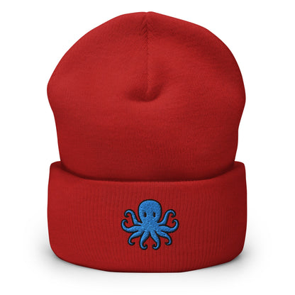 Octopus Gift, Octopus Lover Embroidered Beanie, Handmade Cuffed Knit Unisex Slouchy Adult Winter Hat Cap Gift
