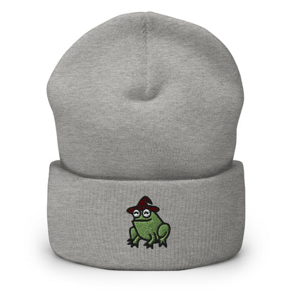 Magical Wizard Toad, Wizard Frog Embroidered Beanie, Handmade Cuffed Knit Unisex Slouchy Adult Winter Hat Cap Gift