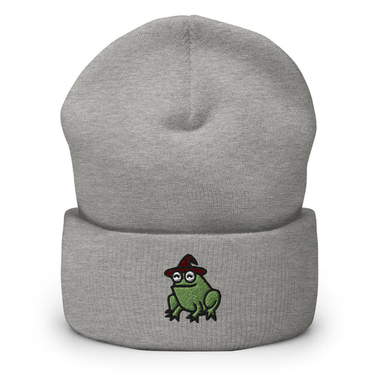 Magical Wizard Toad, Wizard Frog Embroidered Beanie, Handmade Cuffed Knit Unisex Slouchy Adult Winter Hat Cap Gift